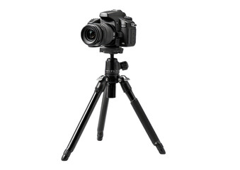 Black camera mounted on a black tripod.  Compact and sturdy design.  Focus is on the equipment