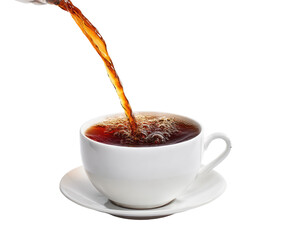 Coffee being poured into a white cup.  A stream of dark brown liquid flows from a unseen source, cascading into a full cup, creating ripples and foam