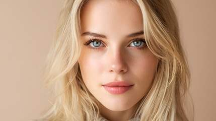 Fototapeta premium Close up portrait of a young woman with bright blue eyes and natural makeup on beige background