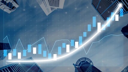 A visually striking representation of financial growth, featuring upward trends in a stock chart surrounded by skyscrapers, symbolizing investment and economic success. Copula - Powered by Adobe