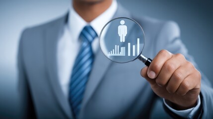 Business professional holding magnifying glass for labor market analysis, employment sector demand, recruiting talent, forecasting personnel resources.