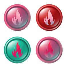 Four round buttons, each with a stylized flame graphic.  The buttons have a gradient fill of various shades of pink, red, and teal