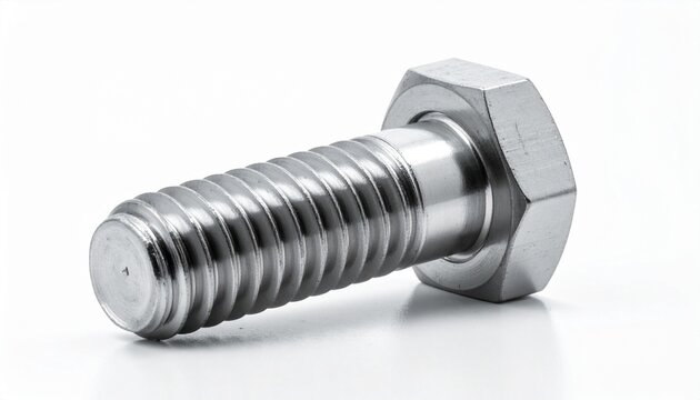 Close‑up of metallic hex bolt with hexagonal head and partially threaded shaft, polished reflective surface, isolated on plain background