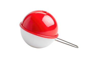 Red and white fishing bobber,  spherical.  Two-toned.  Attached to a metal line