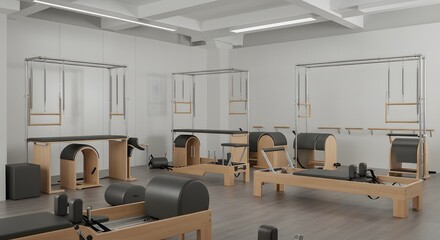 Interior view of a pilates studio featuring various pilates equipment in a spacious training room area
