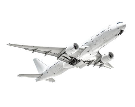 White passenger jet in flight against a plain background