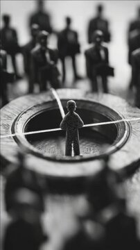 A monochrome  with a minimalist design capturing silhouettes of people around a central figure, creating an abstract representation of unity and individuality within community.