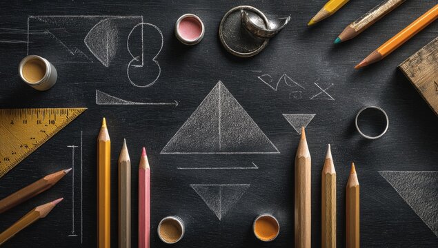 Geometric sketches and art supplies on a dark chalkboard.  Various colored pencils, containers, and measuring tools are arranged around drawn geometric shapes