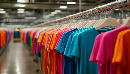 Obraz premium Bright clothing factory aisle shows rows of colorful t-shirts on hangers. Vibrant assortment of garments organized neatly in large warehouse