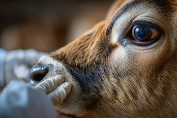 Fototapeta premium Veterinarian gently examining a brown cow's nose during a farm animal checkup with compassionate care