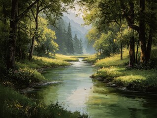 River flows through tranquil forest landscape in sunny outdoors scene.