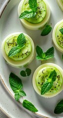 Close-up overhead shot of four round, pale green jellies, each topped with thin cucumber slices, fresh mint leaves, and poppy seeds, arranged on a white plate