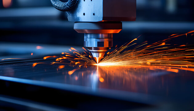 High-tech laser machine cuts metal surface. Intense sparks fly. Precision engineering in action. Innovation in manufacturing, research, and industry. Advanced technology for material processing