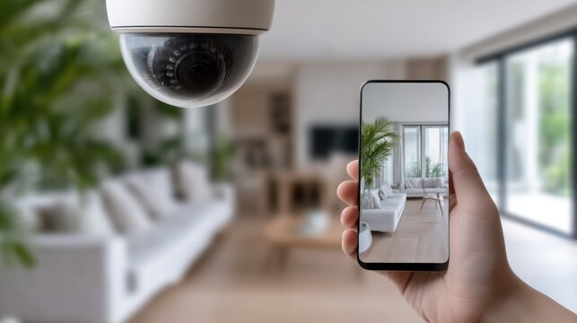Dome security camera watches bright modern living room. Human hand holds smartphone displaying live view of elegant domestic interior for digital monitoring.
