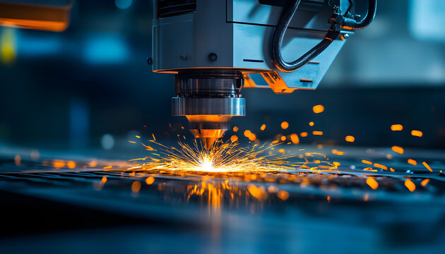 High-tech laser machine cuts metal surface. Intense sparks fly. Precision engineering in action. Innovation in manufacturing, research, and industry. Advanced technology for material processing