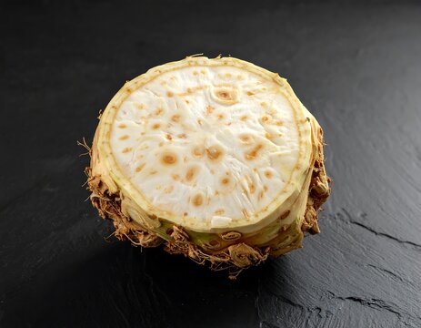 Detailed close-up of sliced celeriac root on dark slate background, healthy cooking