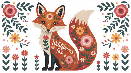 Fox with Vibrant Floral Patterns Folk Art