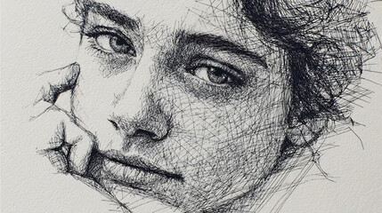 Obraz premium Close up portrait of a young woman drawn with cross hatching technique