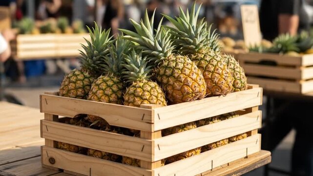 Fresh pineapples piled high in rustic wooden crates at an outdoor market stand