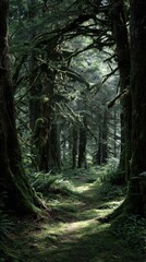 Obraz premium Sunlit pathway through lush, verdant, mossy forest with tall trees