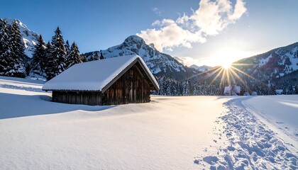 Snowy Mountain Cabin Winter Landscape Sunrise.
