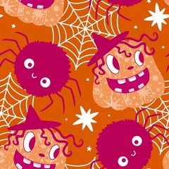 Obraz premium Autumn harvest vegetable seamless monster Halloween pumpkins pattern for wrapping paper and fabrics