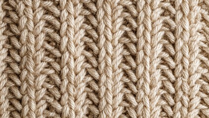 Fototapeta premium Beige knitted texture background, close-up fabric detail