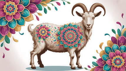 Goat with Colorful Mandala Flowers Decorative Vector