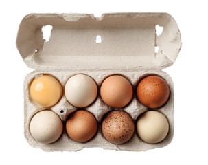 A carton of assorted eggs.  Different shades of brown, white, and light yellow.  Fresh, organic looking