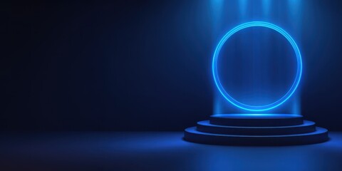 Futuristic glowing blue neon circle on a dark stage with steps and dramatic spotlight beams, symbolizing technology, innovation, and virtual digital concepts