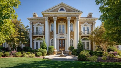 Obraz premium Grand Colonial-style mansion with manicured landscaping. Exterior shot of a large, light beige, stately home featuring numerous columns, a decorative fountain, and lush greenery.