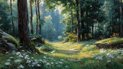 Obraz premium Meadow Flowers Bloom in Forest Clearing as Sunlight Filters Through Trees