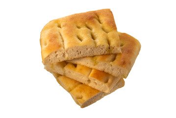 Square slices of Genoese focaccia stacked, flatbread with olive oil isolated