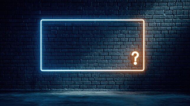 Glowing neon rectangular frame on a dark brick wall with a bright question mark symbol, representing mystery, uncertainty, curiosity, and futuristic digital design