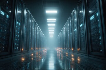 Futuristic server room corridor with rows of blue illuminated data racks reflecting on the polished floor in a high tech digital environment