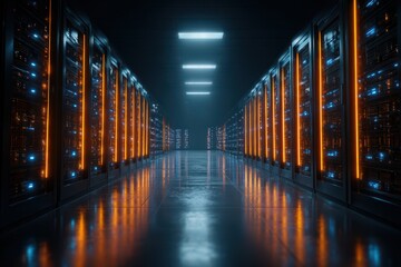 Long futuristic server room corridor with glowing orange and blue illuminated racks reflecting on the floor in a high tech digital environment