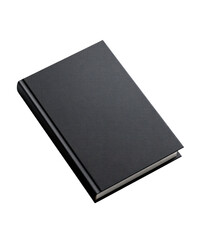A closed, black book, lying flat, with a slightly angled perspective.  The cover is matte, and the spine is clearly visible