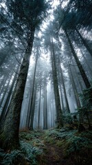 Fototapeta premium Moody forest scene with tall trees, pathway, and heavy fog creating an ethereal atmosphere