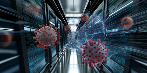 Widok serwerowni z widokiem na zakreślone cząsteczki wirusów zawieszonych w przestrzeni