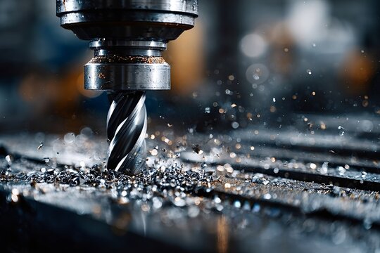 Metal shavings are flying as an industrial milling machine drills into a metal workpiece, showcasing precision and manufacturing processes in a workshop environment