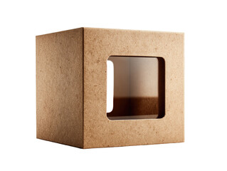 A light beige cardboard cube box with a window