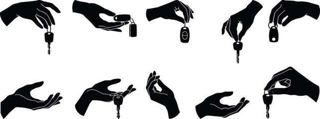 keys, hands, silhouette, car, vehicle, gesture, black, white, keychain, fob, security, driving, illustration, rental, transportation,