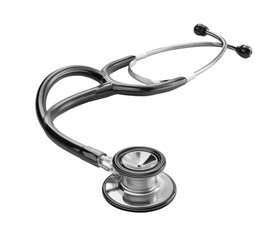 Medical stethoscope, dark gray/silver.  Dual earpieces, curved tubing,  circular diaphragm