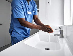 Doctor washing hands, hygiene in hospital or clinic