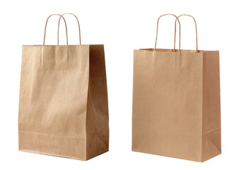 Two identical light brown kraft paper shopping bags, standing upright, one slightly angled