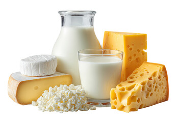Assorted dairy products, including milk, cheese, and curd.  A glass of milk, a glass milk bottle, and various types of cheese are arranged together on a light-colored surface.  