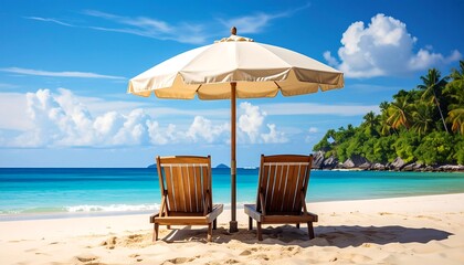 Idyllic tropical beach vacation with two lounge chairs under an umbrella.