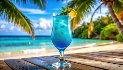 Generated Image:  Blue Lagoon Cocktail, Angelo azzurro cocktail in tall glass on the table in the beach bar
