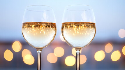 Champagne glasses filled with sparkling wine against a blurred evening backdrop celebrating a special occasion