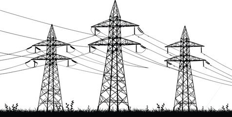 High-voltage transmission towers, steel lattice towers, power lines silhouette, electrical transmission, energy distribution, grass silhouette, black line drawing